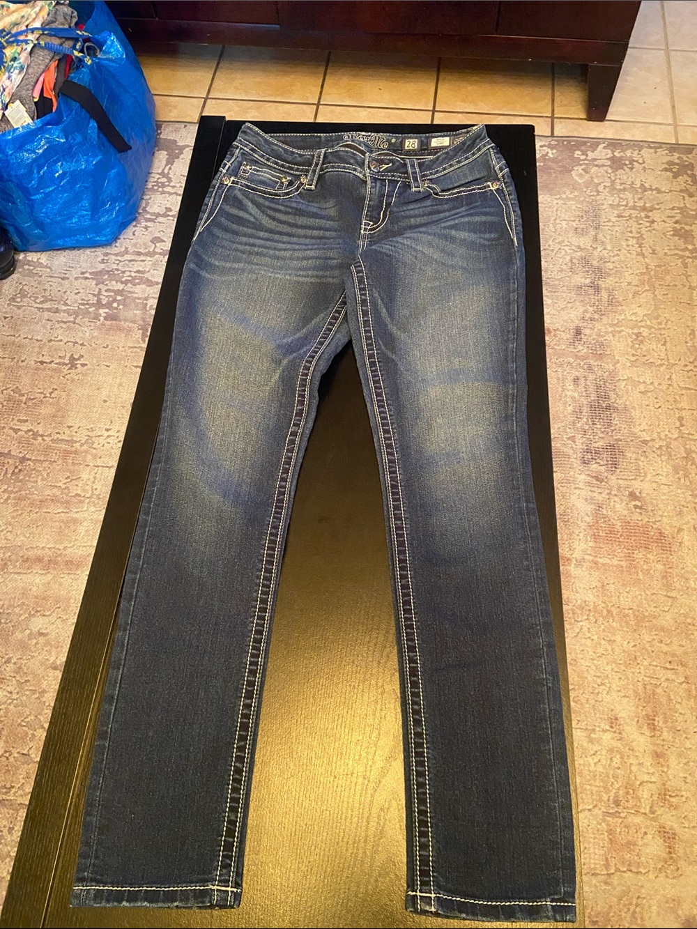Miss Me Dark Blue Skinny Jeans with Faded Whiskering